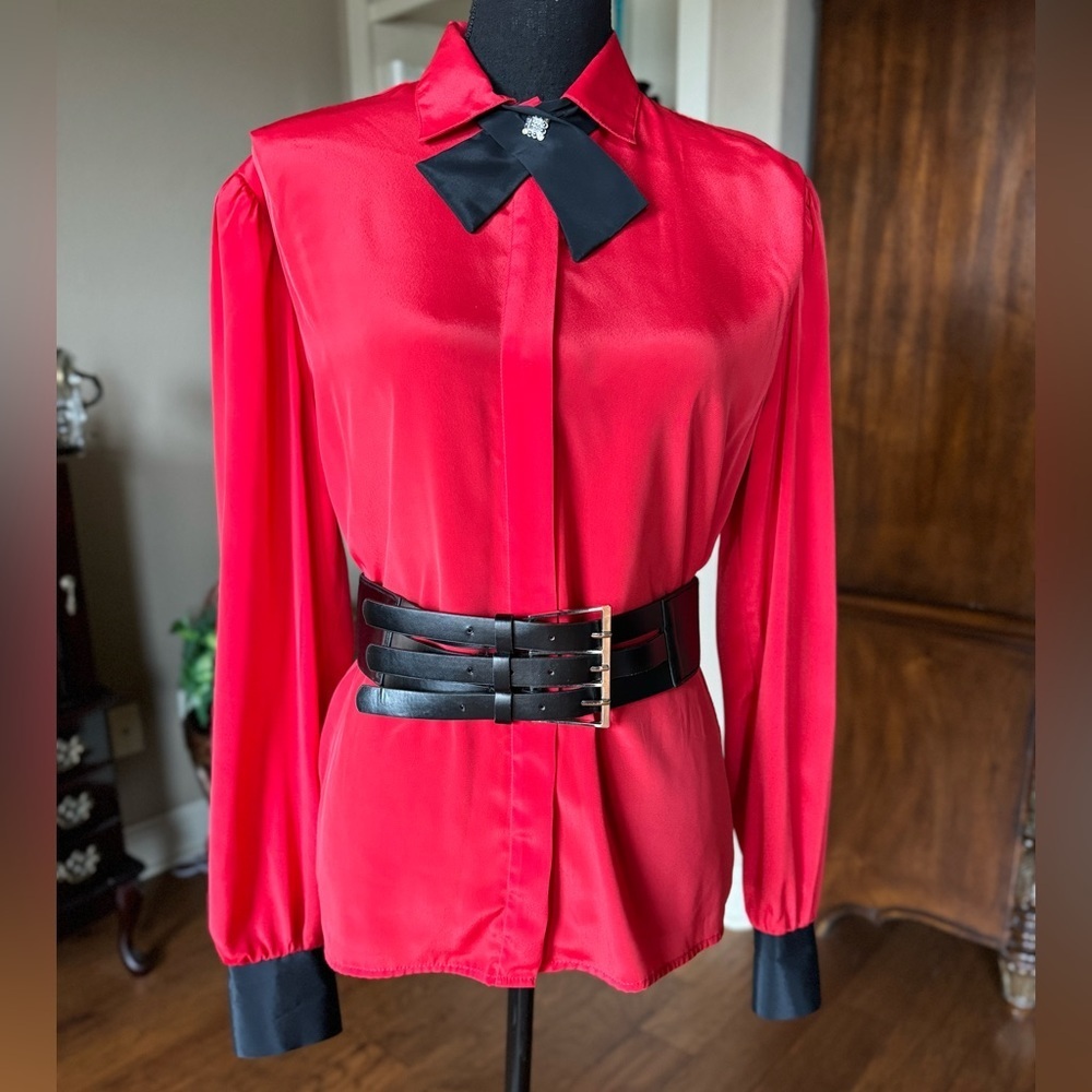 Vintage Gianna‎ Red Blouse Black Tie